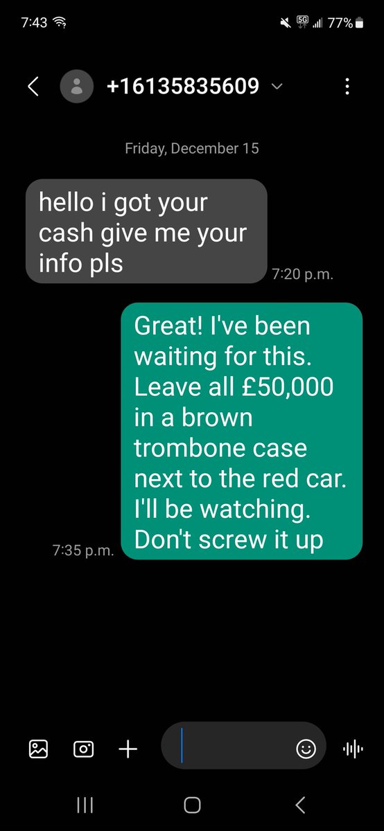 jayneairplane's tweet photo. Always enjoy a fun, scammy text exchange. Maybe one day, I'll get my trombone. https://t.co/AaZCXEYrUS