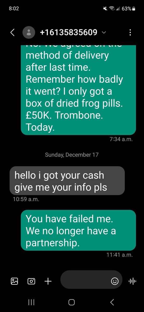 jayneairplane's tweet photo. Always enjoy a fun, scammy text exchange. Maybe one day, I'll get my trombone. https://t.co/AaZCXEYrUS