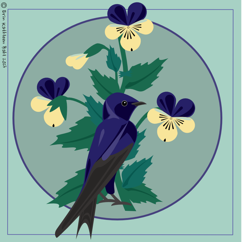 A new bird for a new year! Hope 2024 has been kind so far, friends <3

[Image: Illustrated purple martin with violets]

#bird #birds #illustration