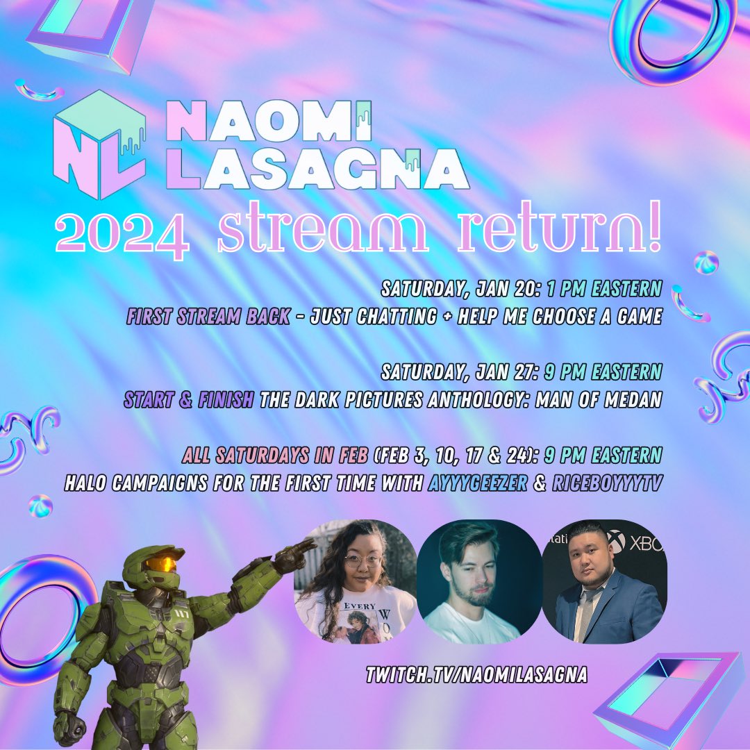 naomilasagna's tweet photo. After 2 months i’m returning to streaming! can’t wait to catch up with my community! 
 
In Feb @AyyyGeezer &amp; @RiceBoyyyTV will be taking me through the Halo Campaigns, as i have NEVER played them before! they are both Halo veterans so i’m looking forward to experiencing it! https://t.co/PEe3lmY40e