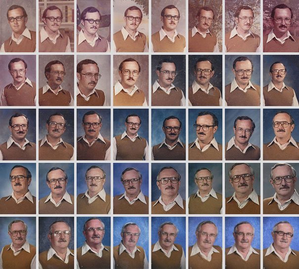 @TheZamanii This man was a teacher for 40 years. In 1974, Dale Irby, a gym teacher in Dallas, realized he had worn the same outfit as the previous year on Picture Day, and decided to simply go with it, after Cathy – his wife – dared him to. So here you got 40 years with the same outfit…
