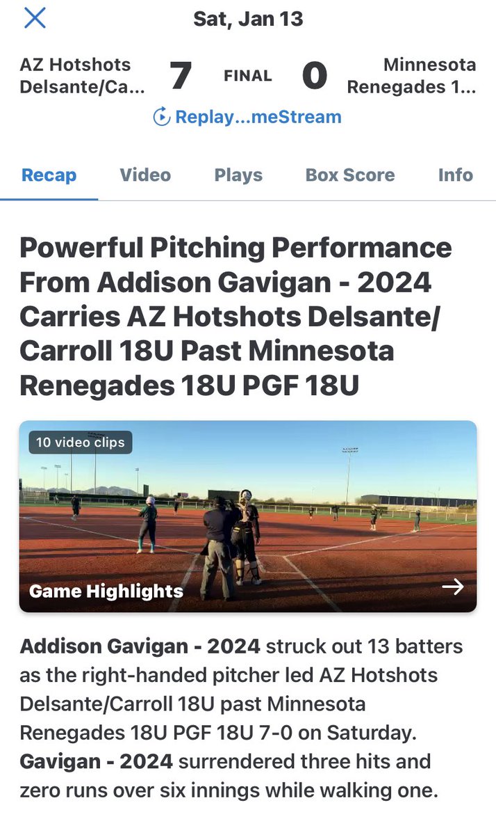 Not a bad day after 2 months away from the circle.  13k’s and one walk in 6 innings of work.  <a href="/UncommittedUTR/">Under The Radar 𝕏</a> <a href="/D1Softball/">D1Softball</a> <a href="/ExtraInningSB/">EXTRA INNING SOFTBALL</a> <a href="/CoastRecruits/">Coast 2 Coast Recruits</a> <a href="/SoftballRecruit/">Softball Recruit 🥎</a> <a href="/IHartFastpitch/">I❤️Fastpitch</a> <a href="/SoftballDown/">Down South Softball</a> <a href="/hotshotscarroll/">AZ Hotshots Delsante 18u National</a> <a href="/PG_Softball/">Perfect Game Softball</a>