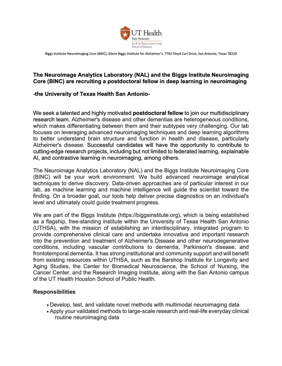 ModHabes's tweet image. 🚀 Exciting #Postdoc Opportunity Alert!
🧠 Join our NAL Lab/Biggs Institute at the @UTHealthSA and shape the future of #Neuroimaging &amp;amp; #DeepLearning.
🔍 Specializing in cutting-edge #AI-driven diagnostics.
💡 Seeking talents in neuroimaging &amp;amp; computational modeling.
RTs pls! 🙏