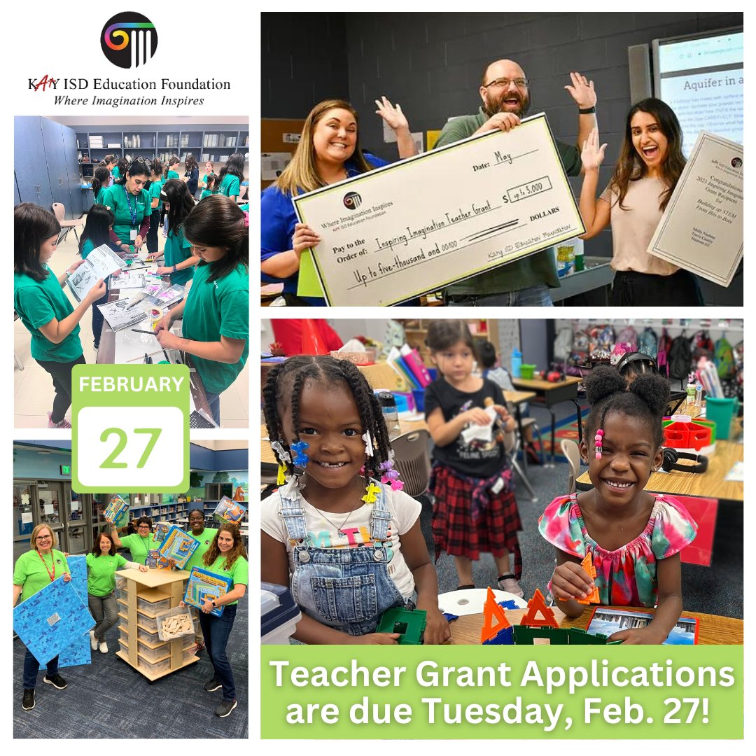2024-2025 Teacher Grant Applications are due Feb. 27! All Katy ISD staff directly involved in student instruction are invited to apply as collaborative teams or individuals. Bring innovative experiences to your campus by applying for a teacher grant! bit.ly/41USg78