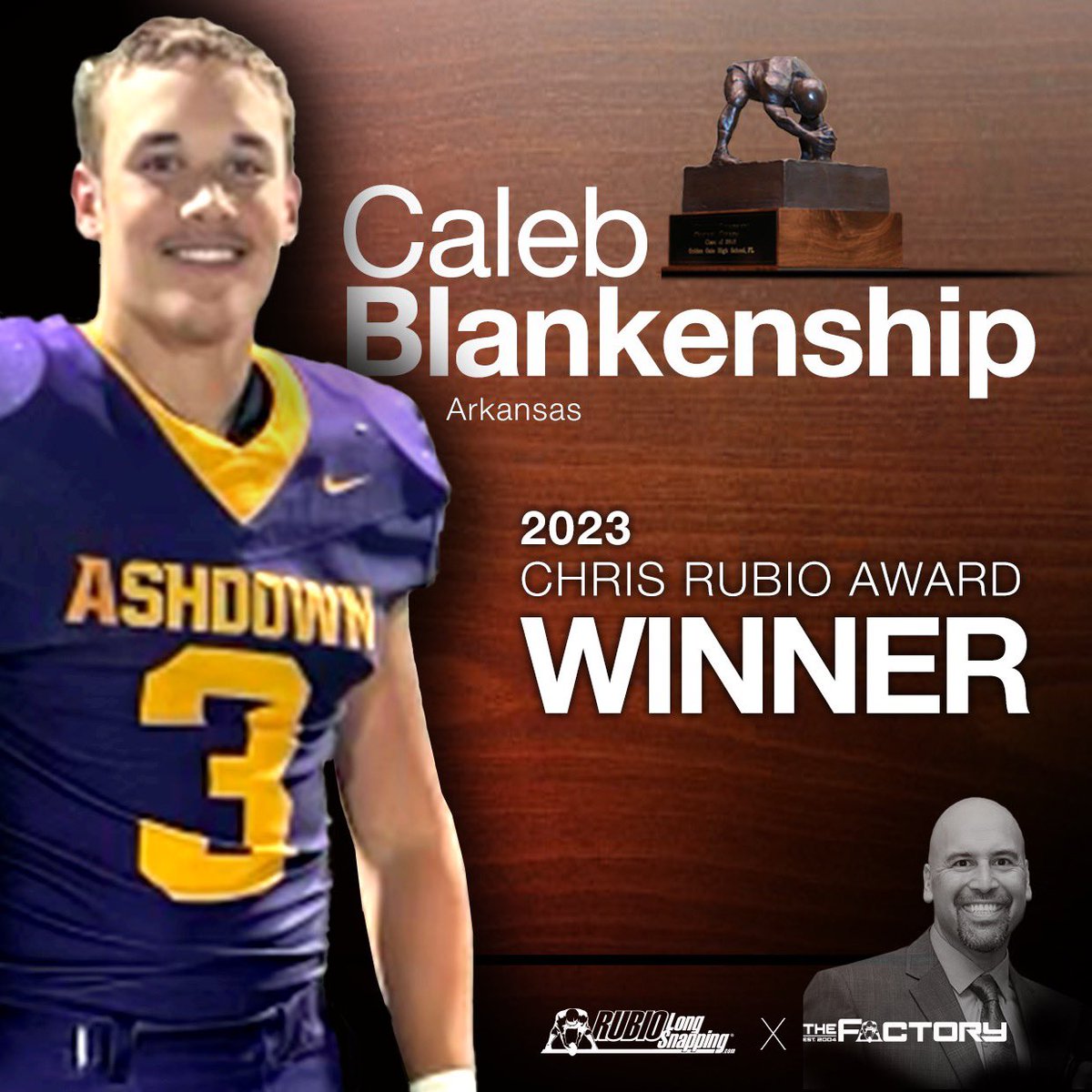 We are proud to announce that Caleb Blankenship (AR, 2024) has won the Chris Rubio Award for top High School Long Snapper in the country!
