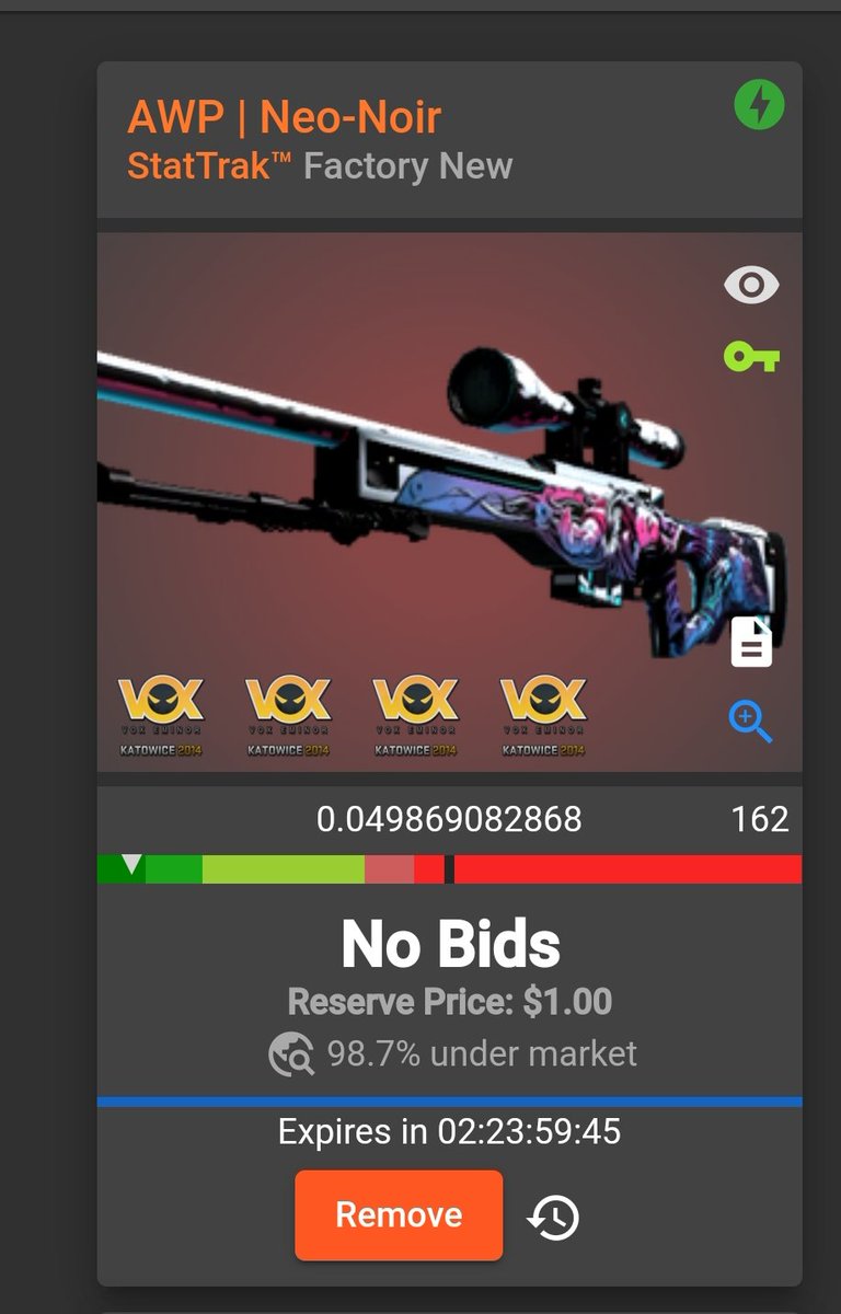 I've gone crazy and I just put my AWP Neonoir w/ 4x vox katowice 2014 up for auction.

Ends in 72h.

It's 1/2 and it's beautiful! Any type of sharing is greatly appreciated.

csfloat.com/item/666386559…