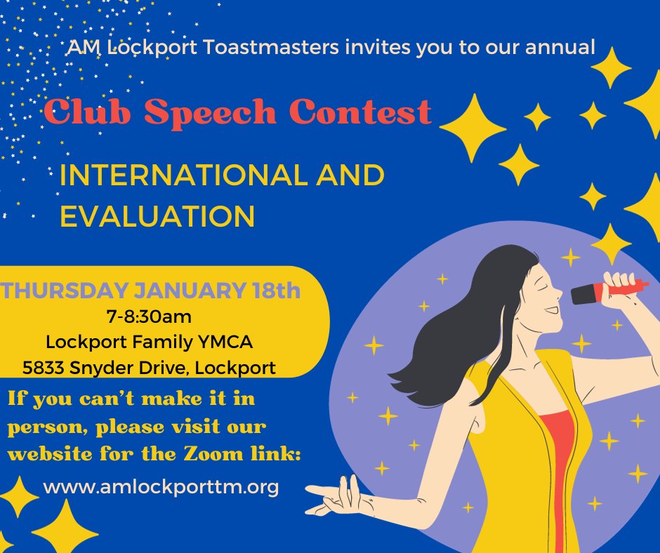 AmLockport's tweet photo. It's contest season time! Join us next Thursday at 7am for our Club International and Evaluation Contest at the Lockport Family YMCA. If you can't make to the contest in person, our Zoom link can be found on our website at https://t.co/H7gx7razpa. Thank you and see you next week! https://t.co/Fdplg5Vx8U