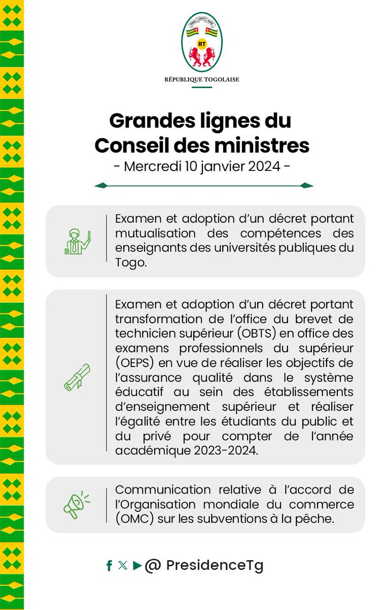 PresidenceTg's tweet photo. Le #ConseilDesMinistres s’est réuni ce mercredi 10 janvier 2024, sous la présidence de SEM @FEGnassingbe, Président de la République.

Les grandes lignes des décisions dans l’infographie ci-dessous. 👇🏾 https://t.co/0ssyANHqaZ