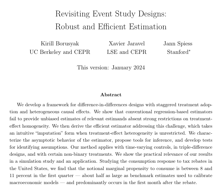 RevEconStudies's tweet photo. Recently accepted to REStud, ``Revisiting Event Study Designs: Robust and Efficient Estimation,'' from Borusyak, Jaravel and Spiess:

https://t.co/19jPcPBXXa https://t.co/hcgpGZzSqf