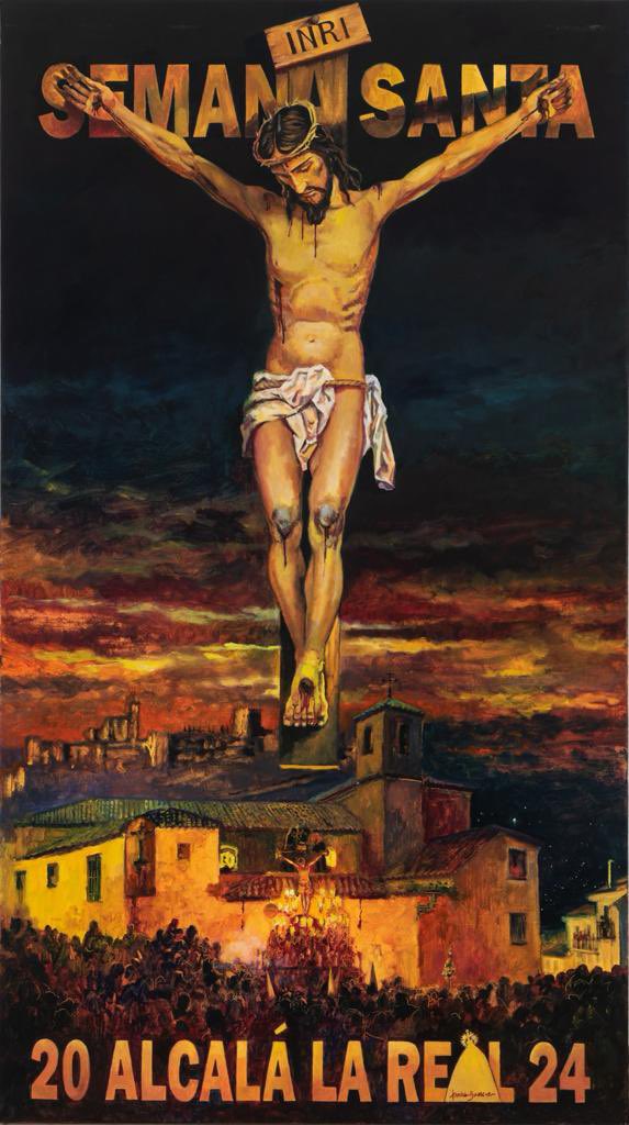NuriaBarreraBel's tweet photo. Cartel Semana Santa Alcalá la Real 2024.
Obra que reúne dos circunstancias fundamentales de
lo que anuncia, la religiosidad y la monumentalidad de esta localidad. 
Obra inspirada en
“Crucifixión”, de Dalí (1954)
@CaminosDePasion 
@Alcala_la_Real 

📸 digitalización @danielvsag https://t.co/5DRXb5VLCq