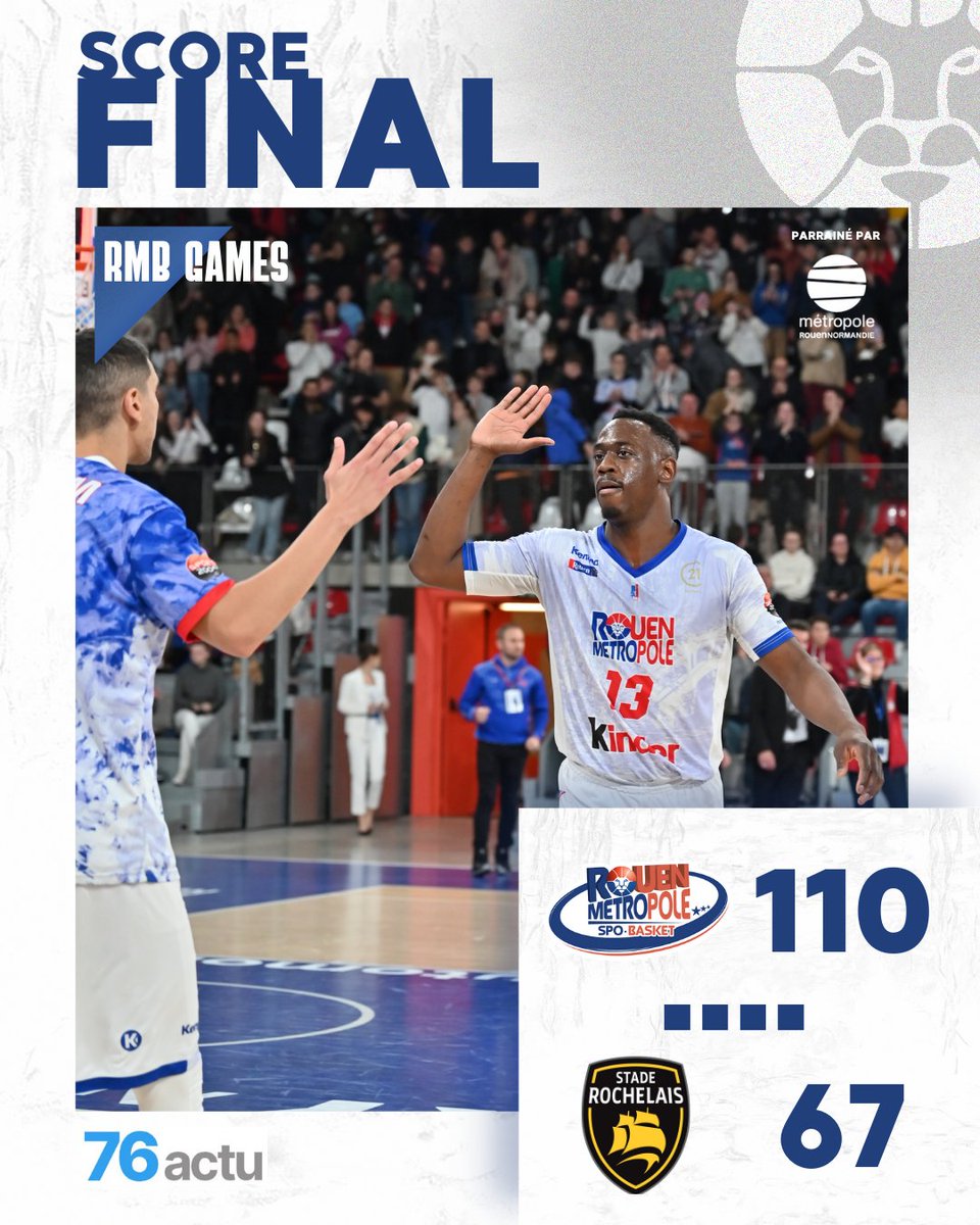 [⏹️ 𝗙𝗶𝗻 𝗱𝘂 𝗺𝗮𝘁𝗰𝗵]

LE RMB DOMINE COMPLÈTEMENT CE MATCH FACE AU LEADER ET REMPORTE LA VICTOIRE AVEC LA MANIÈRE !!!!  🎉🎉🔥🔥

⚪️ROUEN - 110
🟡LA ROCHELLE - 67

📺/📊  t.ly/0ZSx-

#GORMB #ProB