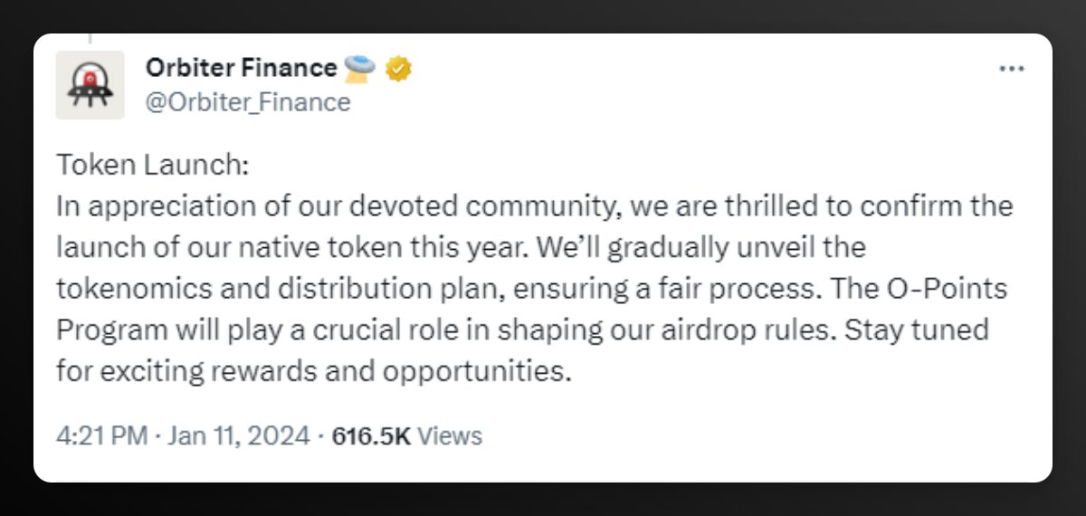 0xDegenSoft's tweet photo. Orbiter Finance airdrop is coming this year 🚀

The team announced a token release this year and launched two new quests.

🔹Bridge to Manta 1/2/3 = 5/12/20 points.
🔹Bridge from Manta 1/2/3 = 5/12/20 points. https://t.co/sDTjOK1DuY