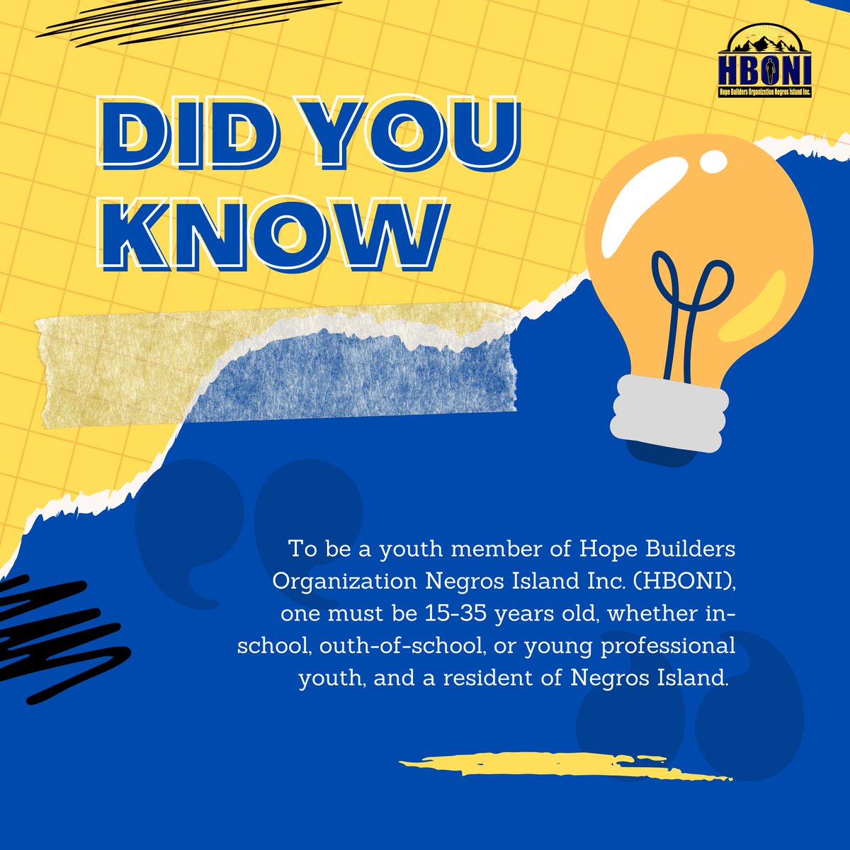 hopebuildersorg's tweet photo. Did you know?

Hope Builders Organization Negros Island Inc.'s requirement in becoming a member is one must be 15-35 years old, an out-of-school, in-school, or young professional youth, and resident of Negros Occidental or Oriental. https://t.co/rM56X0yUVX