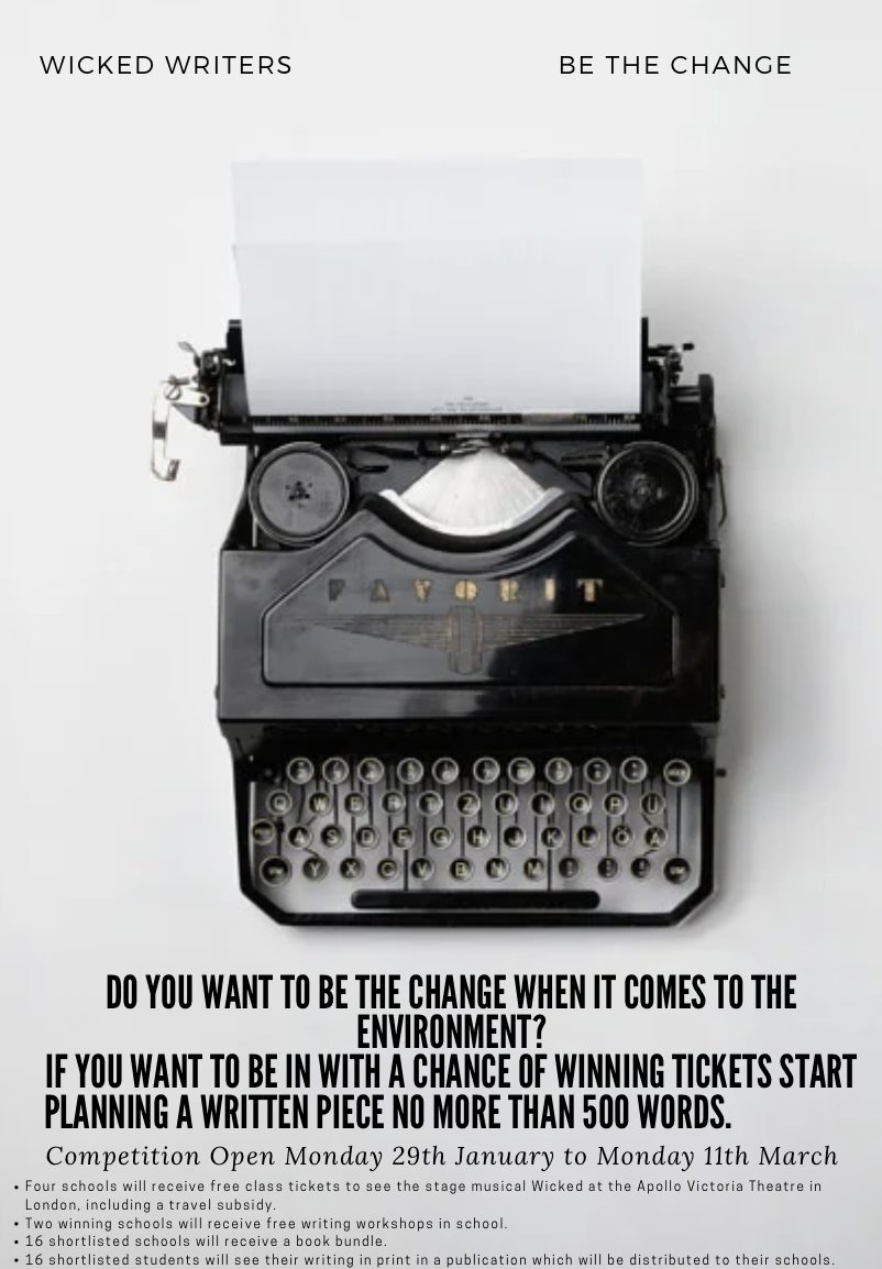 STBoughey's tweet image. 📣Calling all aspiring writers!📝✨Join our Wicked Writers Competition and use your words to make a positive impact on the environment!🌍✍️Submit your piece under 500 words to Mrs Dele-Fane for a chance to win tickets and be the change we need🎫🌟 #WickedWriters #WriteForChange