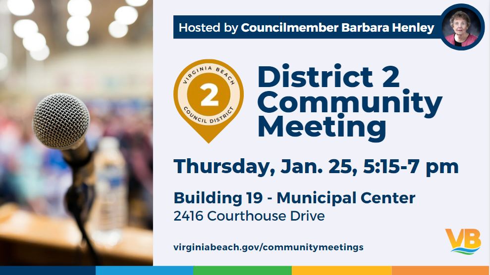 Councilwoman Henley is holding a town meeting on Jan. 25, 5:15 p.m. to update citizens on city projects & issues. Citizens have the opportunity to build relationships with other members of the community, engage & participate in the conversation & have their questions addressed.