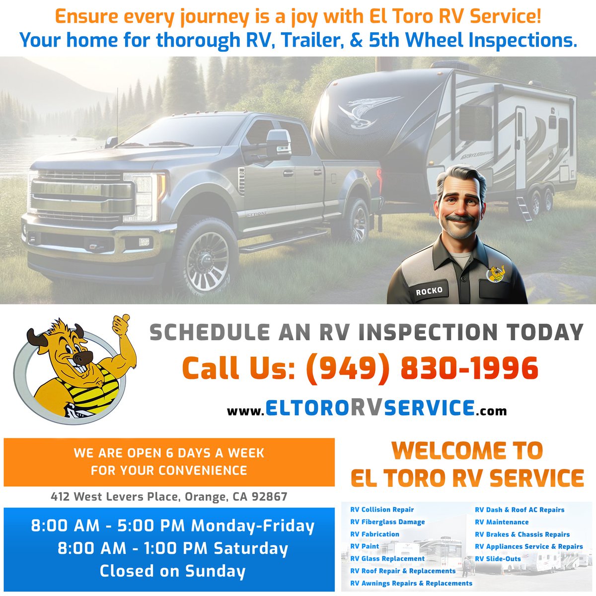 ELTORORVSERVICE's tweet image. eltororvservice.com/pickup-delivery

📍 Location: 412 West Levers Place, Orange, California, 92687
📞 Call: (949) 830-1996
📧 Email: eltororvservice@gmail.com
🕒 Hours: Mon-Fri 8:00 AM - 5:00 PM, Sat 8:00 AM - 1:00 PM

#orangecountyrv  #ElToroRVInspection