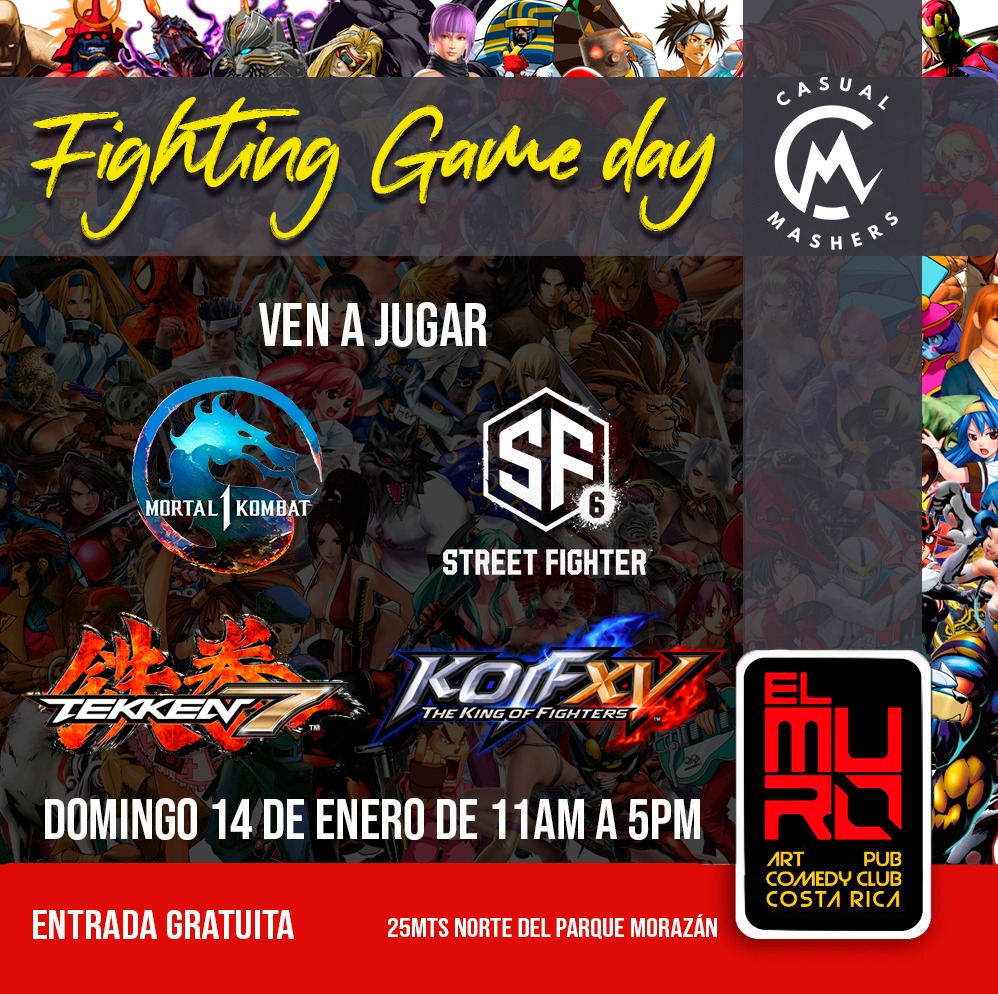 Los @casualmashers te invitamos a una tarde de retos casuales en el @elmuroartpub 

Cover: Gratis
Fecha: Domingo 14 de enero, 2024
Hora: 11am en adelante

#CasualMashers #casualmasherscr #Tekken7 #StreetFighter6 #mortalkombat1 #TheKingofFightersXV #elmuroartpub