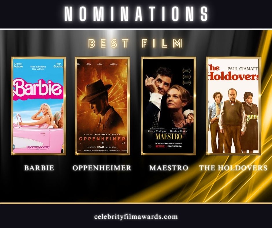 CFACelebrity's tweet photo. 2024 CFA Nominations for Best Film
#BarbieMovie @OppenheimerFilm @maestromovie1 #TheHoldovers
https://t.co/YEv8Uq9hpF https://t.co/Y4XE37Fgu3