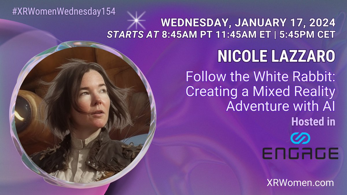 Join us next week Wednesday, January 17th with special guest Nicole Lazzaro who will be talking about creating a mixed reality adventure with AI. Time: 11:45 AM EST Hosted in: @engage_xr #XR #VR #AR #XRWomen #WomenInXR #WomenInAR #WomenInVR #WomeninTech