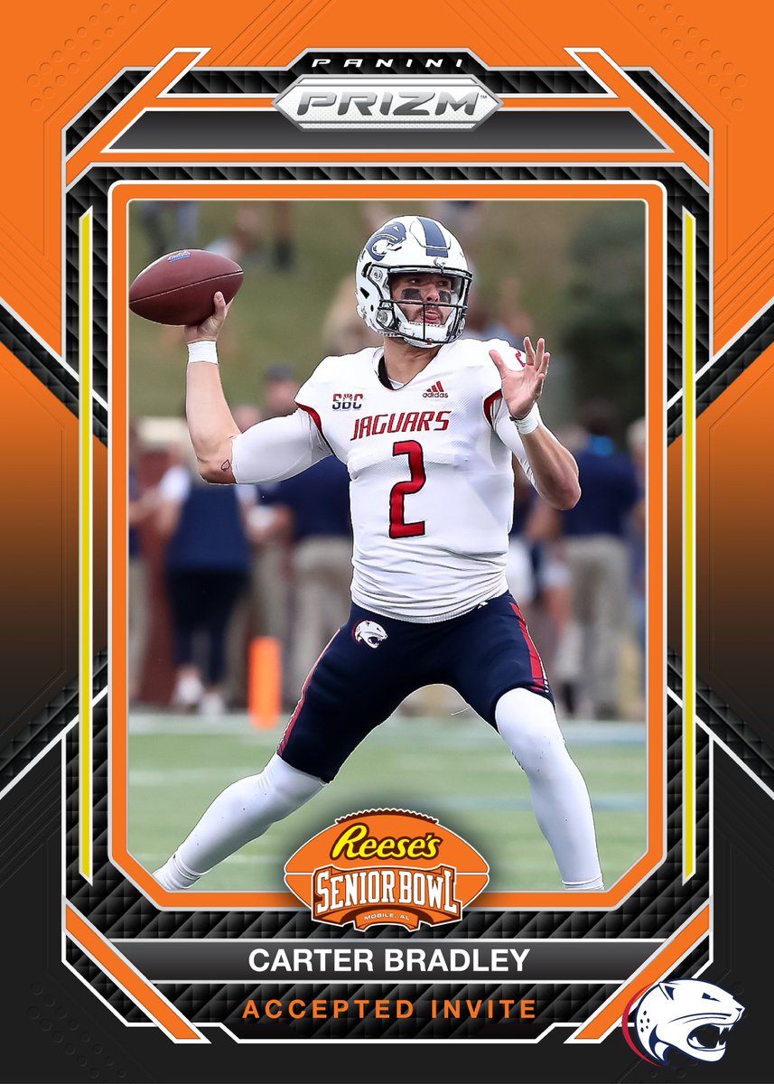 Reese's Senior Bowl (@seniorbowl) on Twitter photo OFFICIAL! QB Carter Bradley <a href="/carterbradley10/">Carter Bradley</a> from <a href="/SouthAlabamaFB/">South Alabama Football 🏈</a> has accepted his invitation to the 2024 Reese's Senior Bowl! #LEO #GoJags #TheDraftStartsInMOBILE™️
@JimNagy_SB <a href="/PaniniAmerica/">Panini America</a> #RatedRookie OFFICIAL! QB Carter Bradley <a href="/carterbradley10/">Carter Bradley</a> from <a href="/SouthAlabamaFB/">South Alabama Football 🏈</a> has accepted his invitation to the 2024 Reese's Senior Bowl! #LEO #GoJags #TheDraftStartsInMOBILE™️
@JimNagy_SB <a href="/PaniniAmerica/">Panini America</a> #RatedRookie