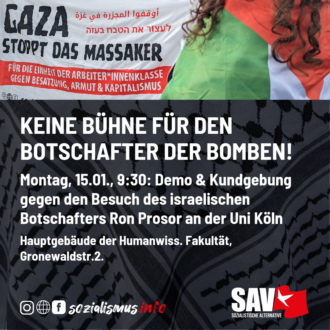 Demonstration gegen den Besuch von Botschafter Ron Prosor am Montag an der #Uniköln

#Ronprosor #Köln #freegaza #Gaza #freepalastine #waffenexportestoppen