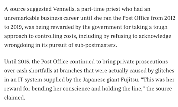 Ian_Fraser's tweet photo. Explosive line in Sunday Times:

“This was her reward for bending her conscience and holding the line,” said the source. 

So the reason Theresa May's government gave Paula Vennells a CBE was because of the deceitful line the former priest took over the Horizon computer system? https://t.co/A0dFHaala4