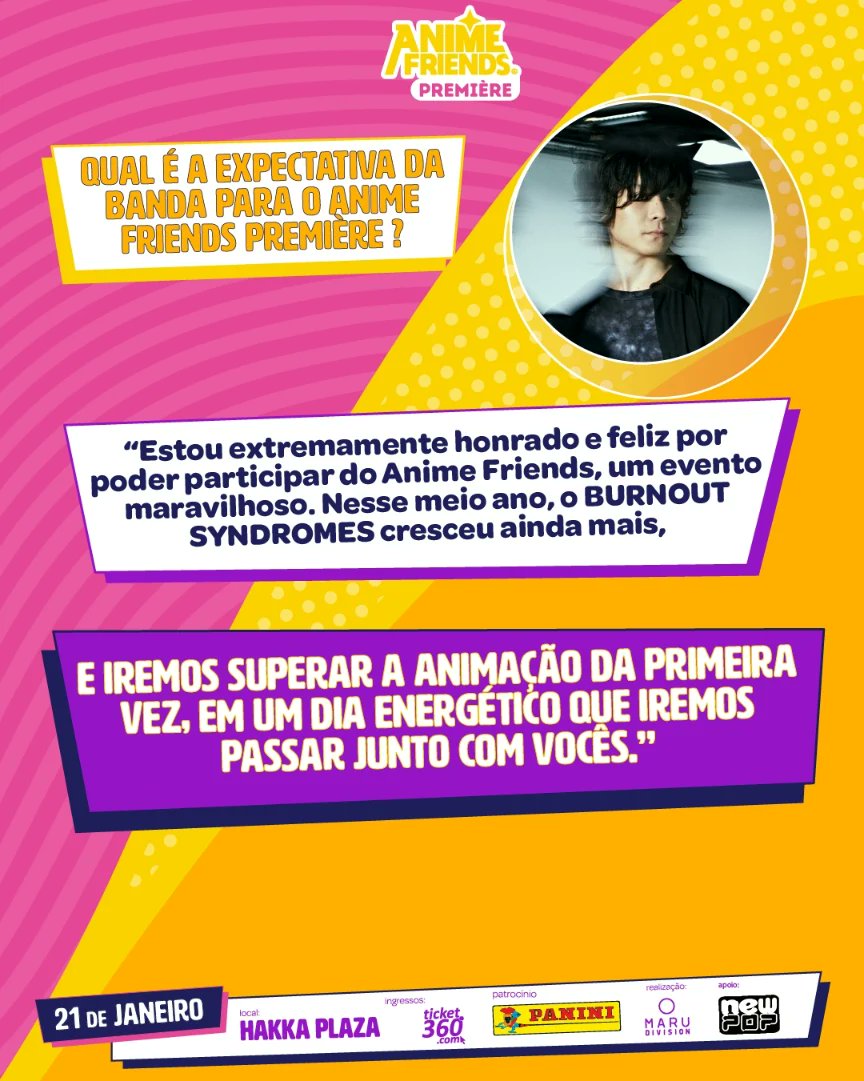 animefriends's tweet photo. O Anime Friends perguntou e Burnout Syndromes respondeu! Hoje, o bate-papo é com o baterista da banda, Takuya Hirose ✨

#afpremiere #AF2024 #animefriends #AnimeFriendsPremiere #burnoutsyndromes https://t.co/aZ5hpoigdg