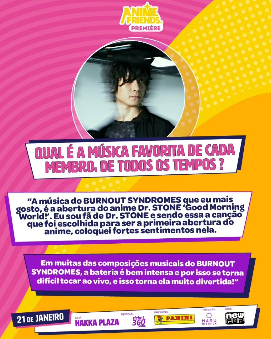 animefriends's tweet photo. O Anime Friends perguntou e Burnout Syndromes respondeu! Hoje, o bate-papo é com o baterista da banda, Takuya Hirose ✨

#afpremiere #AF2024 #animefriends #AnimeFriendsPremiere #burnoutsyndromes https://t.co/aZ5hpoigdg