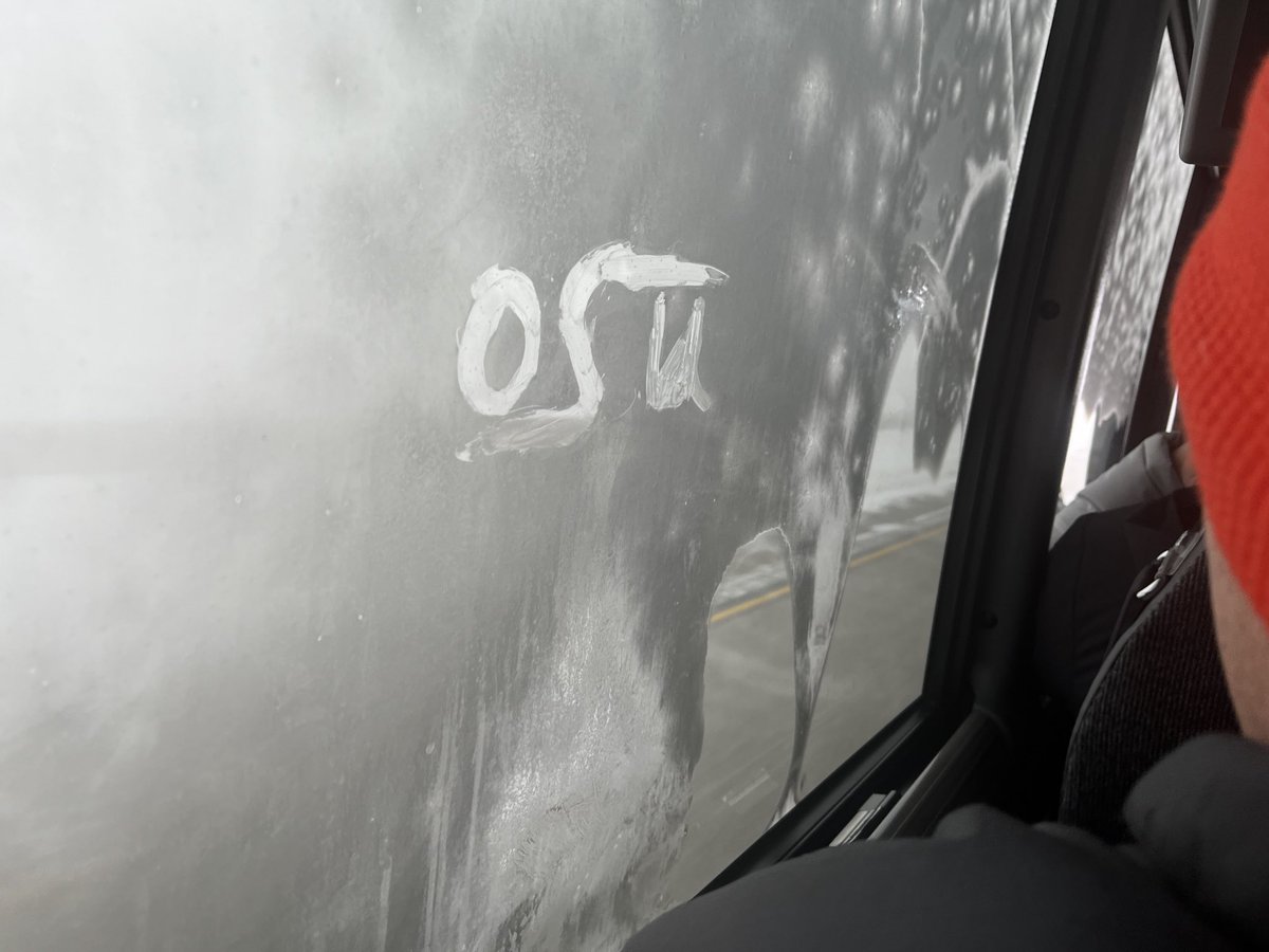 Don’t see this often…OSU etched in frost on the team bus. They should admit penguins for free tonight