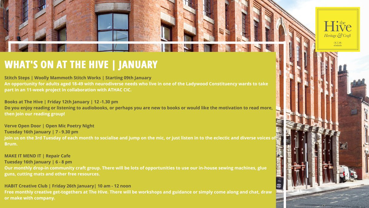 📢 What's on at The Hive in January.

Lots to get involved with this January. Our poetry workshops will restart in February. If you have any questions about any of our events please get in touch!

#thingstodoinBirmingham #BirminghamJQ #freeworkshops #thehive #freeEvents