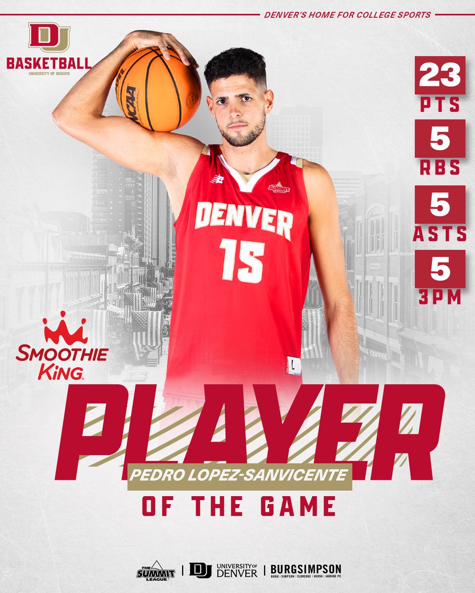 DU_MensHoops's tweet photo. 𝗣𝗲𝗱𝗿𝗼'𝘀 𝗖𝗮𝗿𝗲𝗲𝗿 𝗡𝗶𝗴𝗵𝘁
Career-high 23 points to go with a career-high 5 dimes and 5 boards in a 19-point win earned @Pedrolopezzsan tonight's @SmoothieKing Player of the Game.
#GoPios https://t.co/xX9P8sasft
