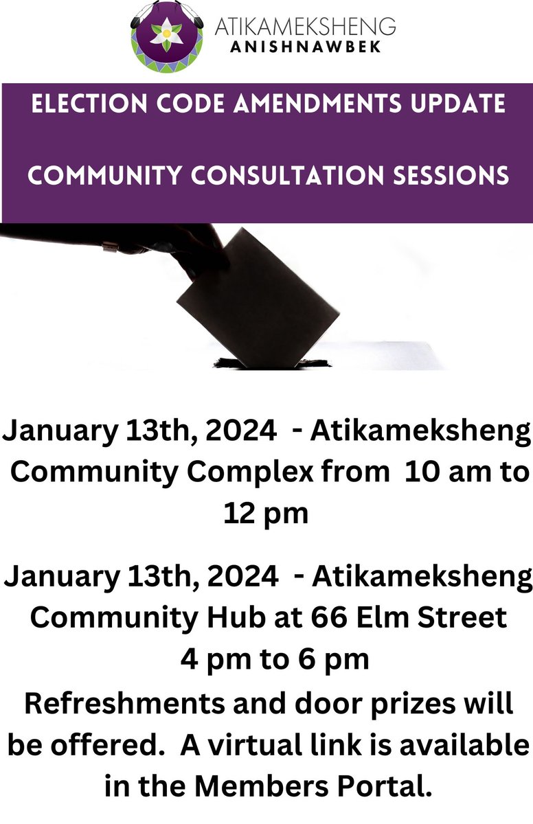 Attention Debendaagziwaad:

Please join this link for those wishing to join the Election Code Amendments Session #2 online.

ow.ly/Gw8f50QqHA4

Or use the link labeled "Session #2" in the Members Portal.

Miigwetch for your patience.