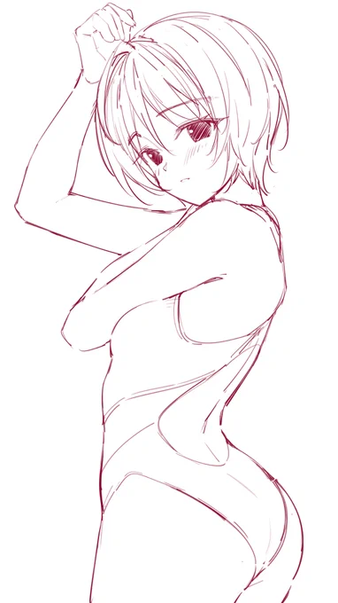 【オリジナル】 競泳水着ちゃんを描いてみてます 腰のカーブとお尻の丸みが良き