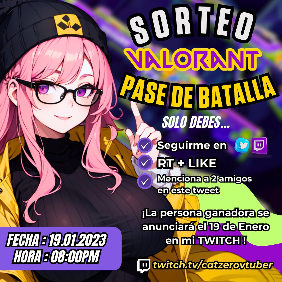🔴📢DIBUJITOS! 📢🔴
⚠️ NUEVO SORTEO ⚠️
X1 Pase de BATALLA de <a href="/VALORANTLATAM/">VALORANT</a> 
✨REQUISITOS ✨
- Seguirme en mis redes <a href="/catzerovtuber/">𝑪𝒂𝒕𝒛𝒆𝒓𝒐 𝑽𝒕𝒖𝒃𝒆𝒓 🤍</a>
- Dar RT 🔁 y FAV ❤️
- Menciona a 2 amigos que también lo quieran 
🥳Mucha suerte ☘️
#valorant #valorantlatam #pasedebatalla