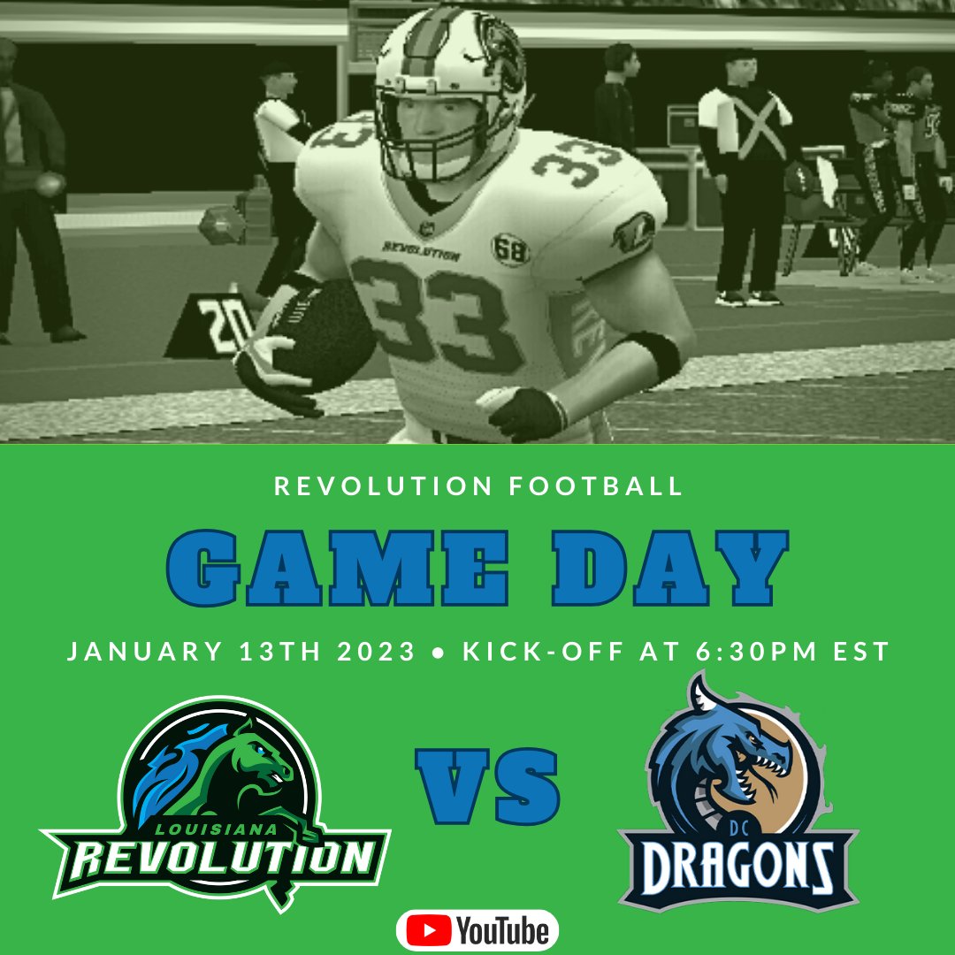 📣GAMEDAY📣

It's week 1 for the Revolution! The Revs are in the nation's capital to take on the <a href="/SFL_DCDragons/">Washington D.C. Dragons</a>.  Tune in the see if QB Tommy Utah and company can #SlayTheDragons. #RevUp #CadillacStyle

🗓 TODAY
⏰️ 6:30pm EST/5:30pm CST
📺 youtube.com/live/t66V9qyBa…