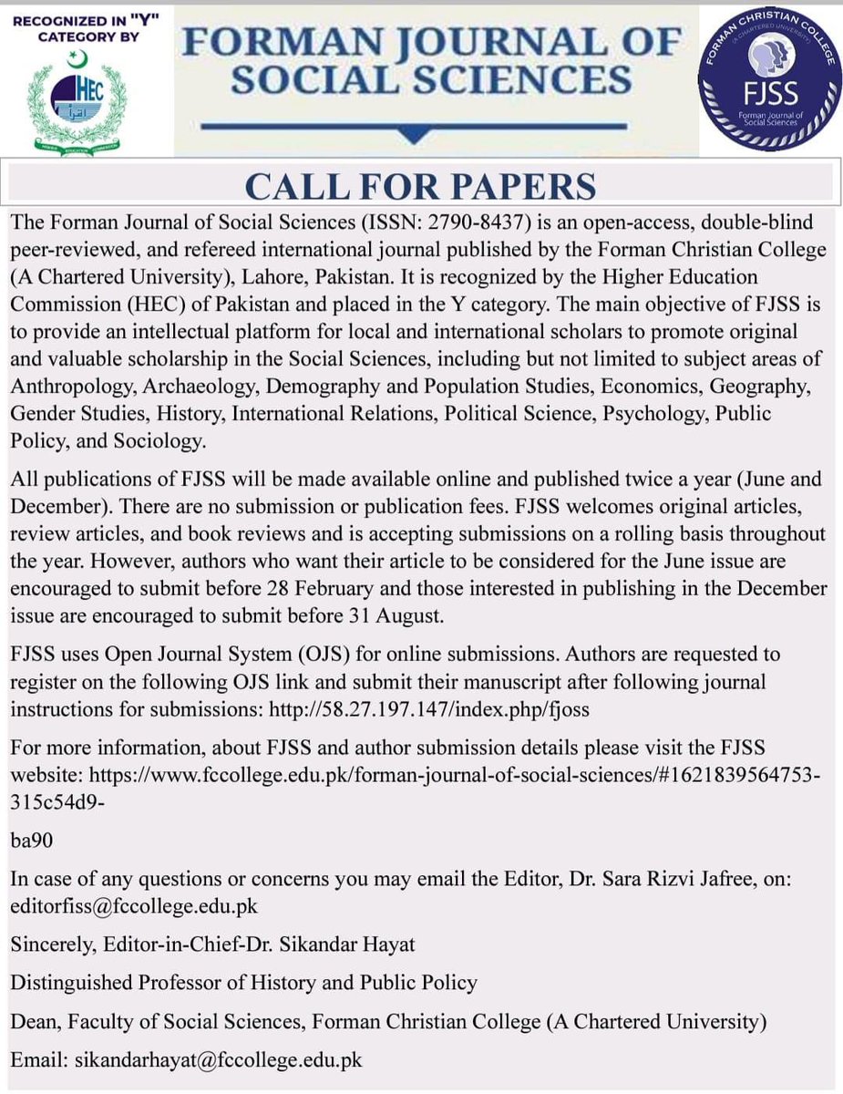 Interested in reading published articles written by FCCU students? The Forman Journal of Social Sciences-FJSS is an international journal published by Forman Christian College. Read the 2023 edition of the journal here: fccollege.edu.pk/forman-journal…