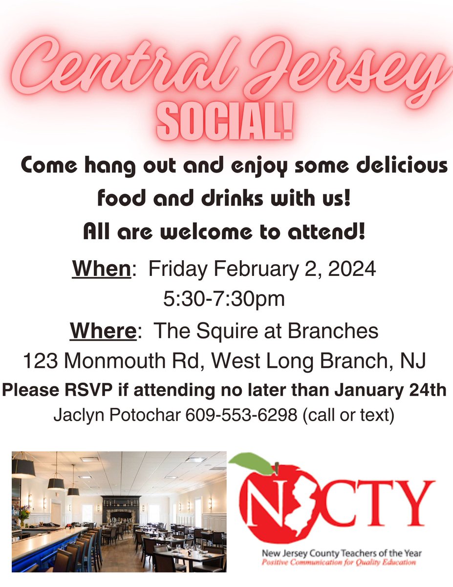 MsMalinowsky's tweet photo. Hey fellow CTOYs! Did you RSVP yet to our first social of the new year? Central counties are hosting but all are invited! I wonder if the South, Central, or North will have the most people show up?!? Come out for fun and represent your county and region! #NJCTY #CTOY https://t.co/GCXVoJXuxb