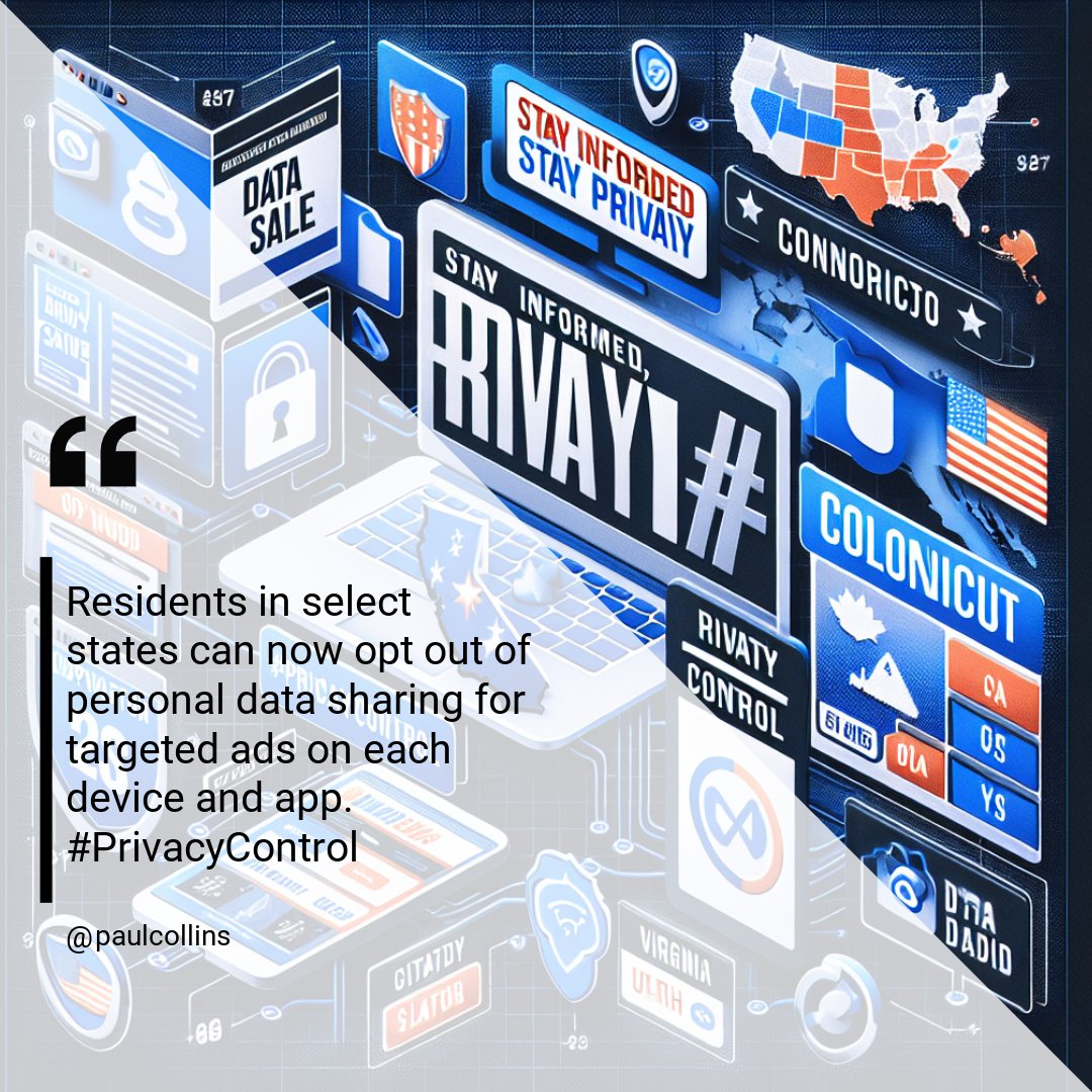 'Residents of California, Connecticut, Colorado, Utah, or Virginia, take note! You can now opt out of us selling or sharing your personal information for targeted ads. This choice is specific to each website Stay informed, stay private! #PrivacyControl'

http