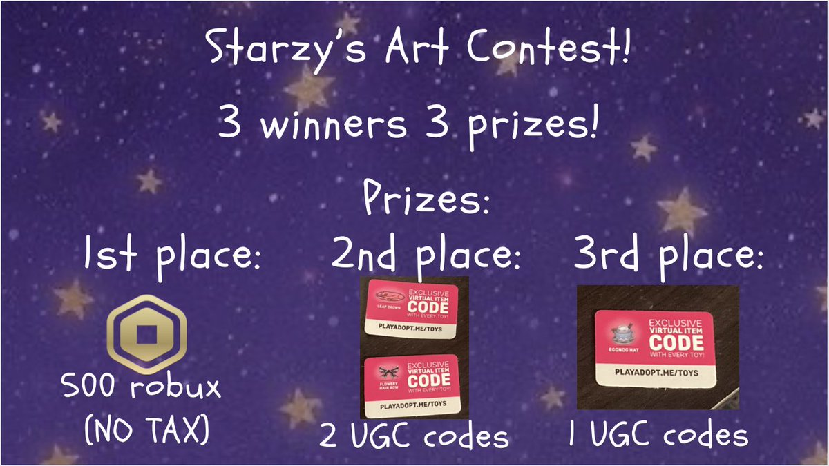 starzydreamz's tweet photo. CALLING ALL ARTIST! :)

Interesting in winning some robux? UGC codes?
I'm hosting my first ever art contest! Win 500 robux and more!

(Read the images bellow for requirements/rules) https://t.co/TzRgDfRXok