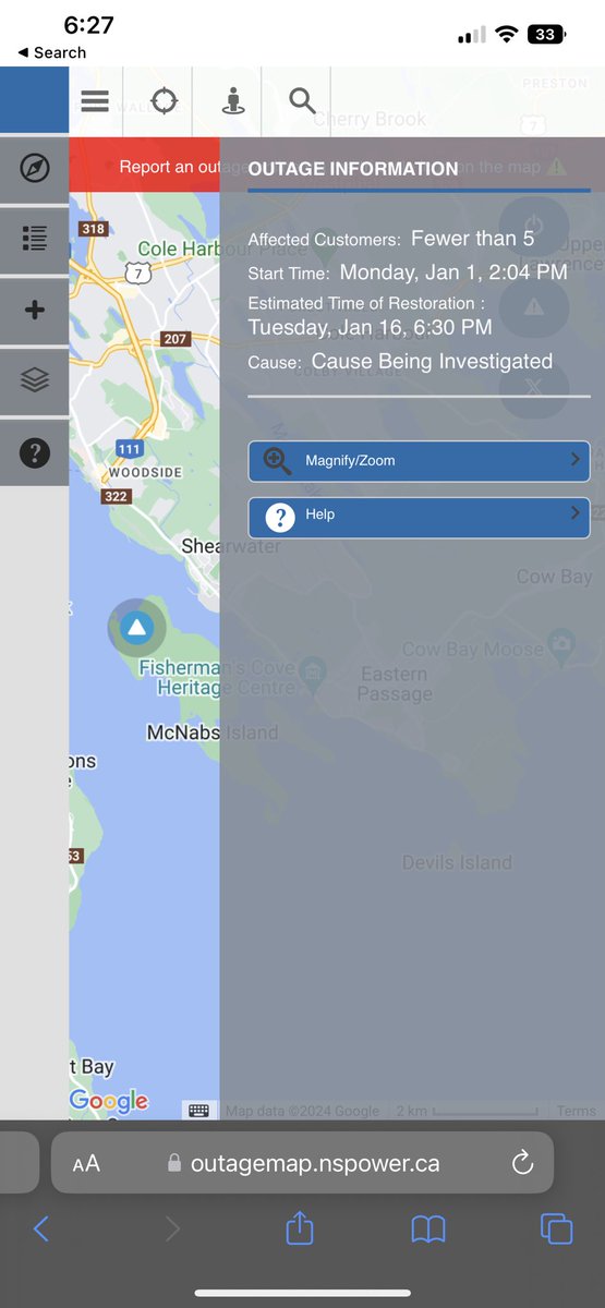 Just perusing the NSP outage map (as one does on storm day) and noticed McNabs Island has been without power for a while. I didn’t think there was lined power there? #Halifax #novascotia