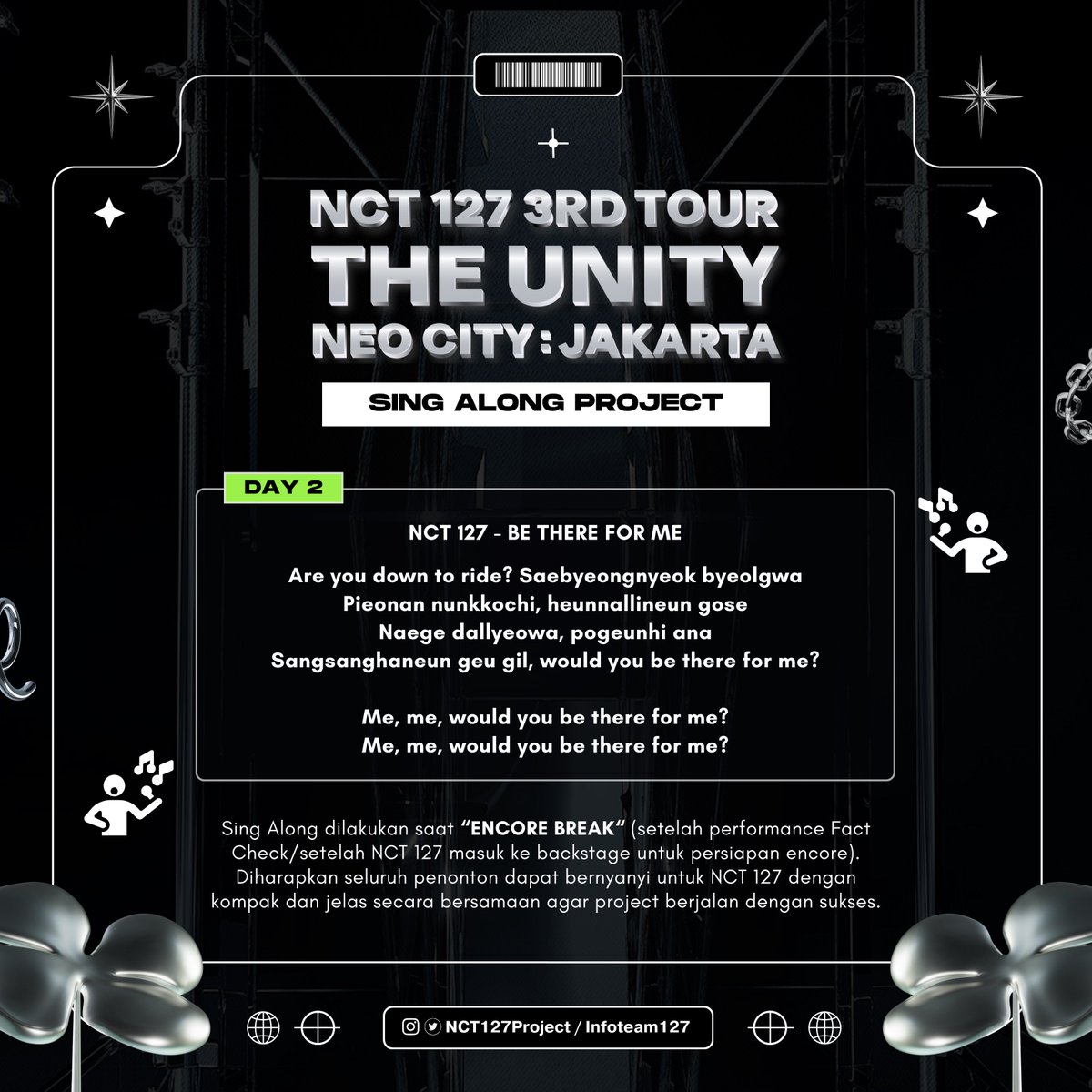 NCT127Project's tweet image. ⭐️THE UNITY JAKARTA - FAN PROJECT DAY 2⭐️

★Hand Banner★
“우리칠, I’ll Be There For You”

♥︎Sing Along♥︎
NCT 127 - Be There For Me

Harap baca instruksi di bagian belakang Hand Banner💚

#NCT127 #NEOCITY_THE_UNITY_JAKARTA