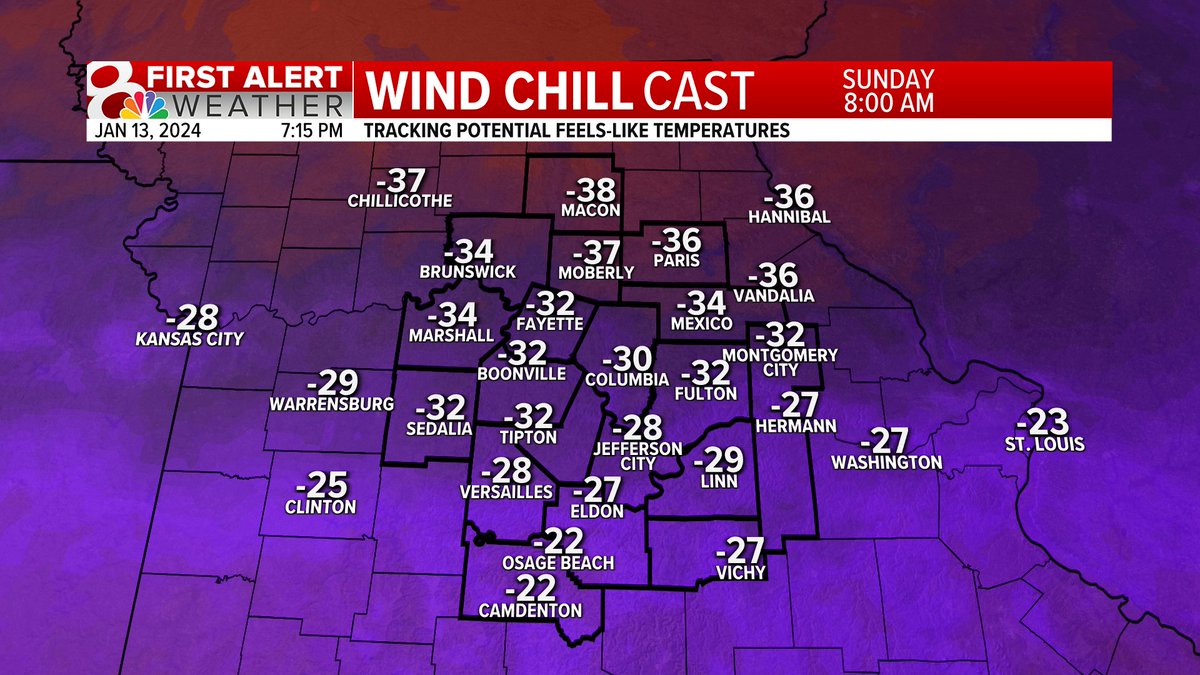 AndrewLabitWX's tweet image. Temperatures will be dangerously cold Sunday morning. Frostbite could appear on exposed skin within minutes in these temperatures. Would not recommend taking a walk in the park 🥶 #midmowx #mowx #cold