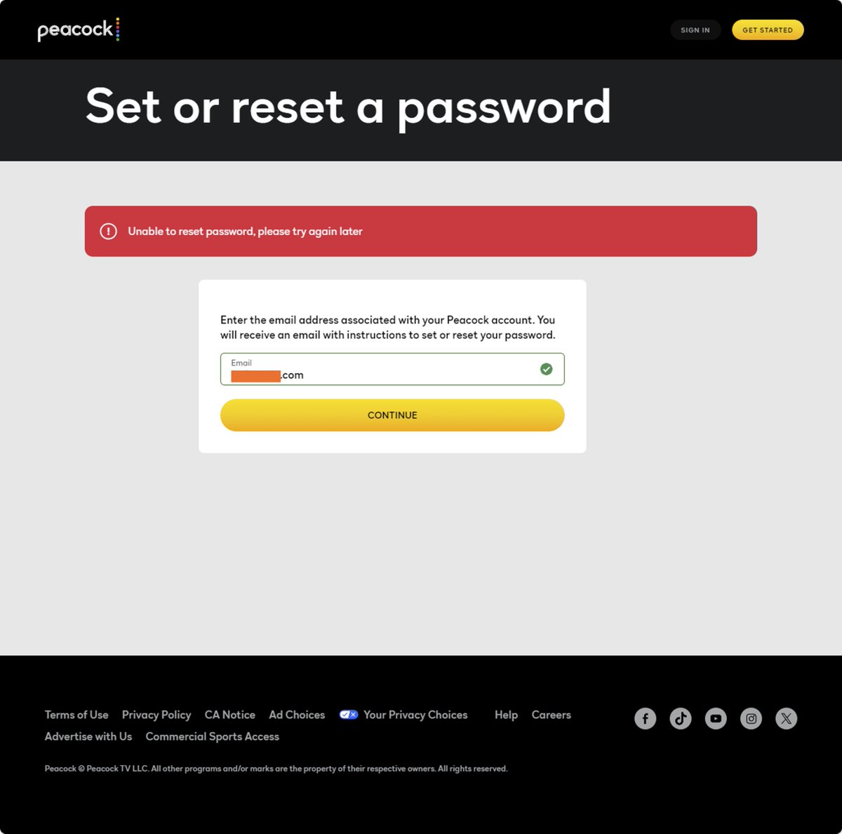 Way to go <a href="/peacock/">Peacock</a> ... I *can* log in via my phone and TV but doesn't recognize my login on the website. Try to reset the password and I get this garbage. How this sh*t still happens with software development is mind-blowing. #fail