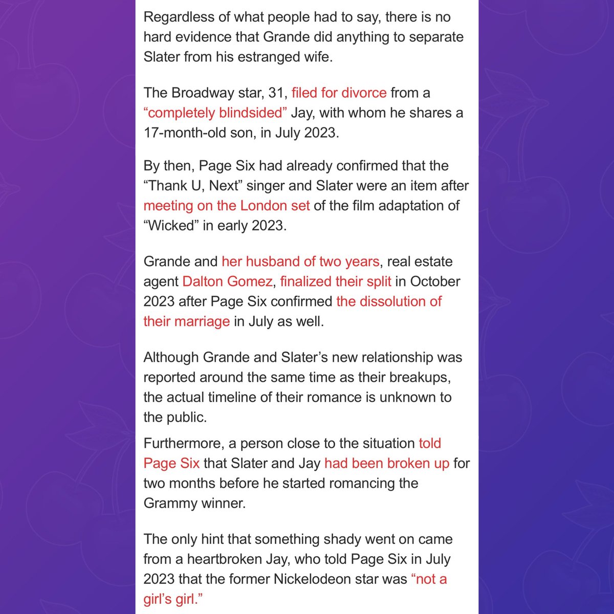 PopBase's tweet image. Page Six in new article about Ariana Grande and Ethan Slater’s relationship:

“Regardless of what people had to say, there is no hard evidence that Grande did anything to separate Slater from his estranged wife.”