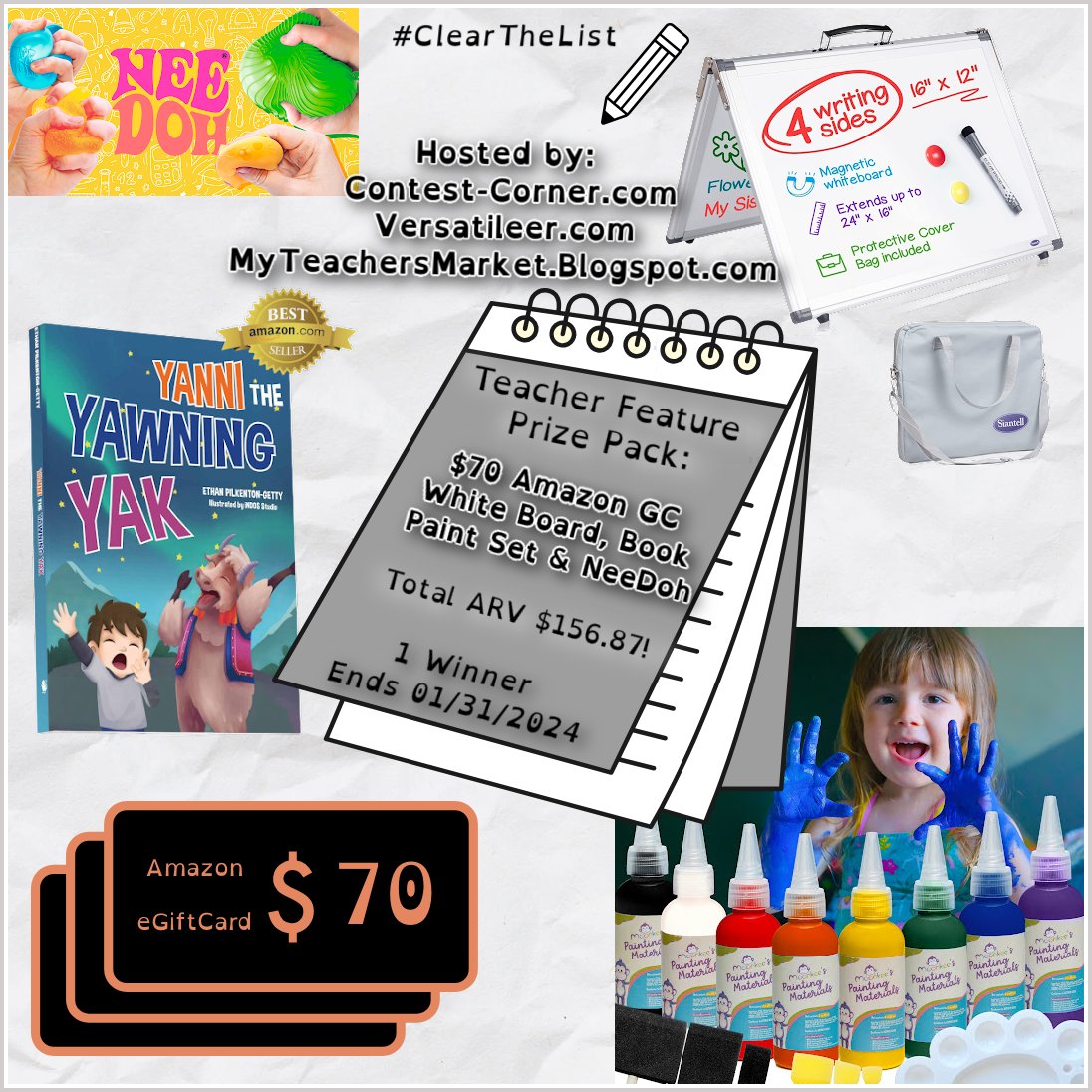 #ad Enter our first #TeacherFeature #ClearTheList2024 #BlogHop #giveaway hosted by @BeebAshcroft @Versatileer + @Teachers_Market:

1 will #win prize pack worth $157 - daily entry, ends 1/31.

myteachersmarket.blogspot.com/2024/01/januar…