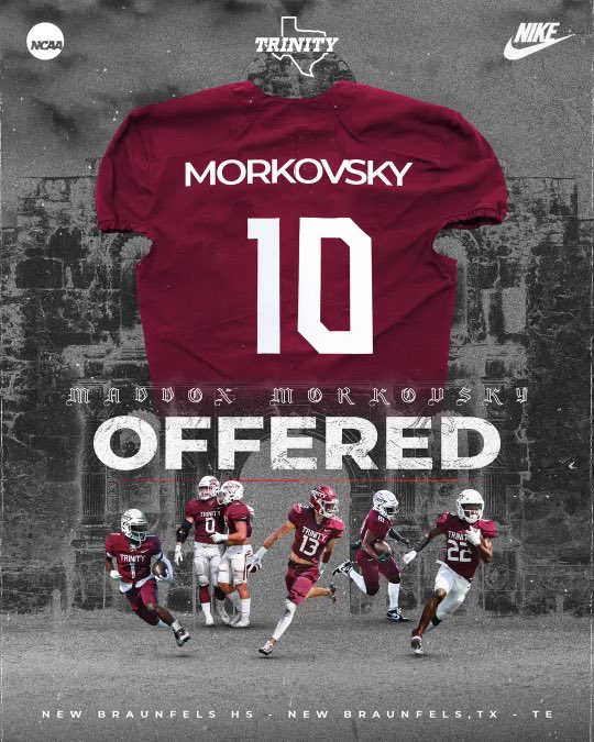 MaddoxMorkovsk1's tweet photo. After a great conversation with @JerhemeUrban83 I’m happy to announce I have received an Offer from Trinity University!!! @NBUnicornFB @CoachWertz12 @TUFootballTX @_CoachSanchez https://t.co/J9vMB4tjrJ