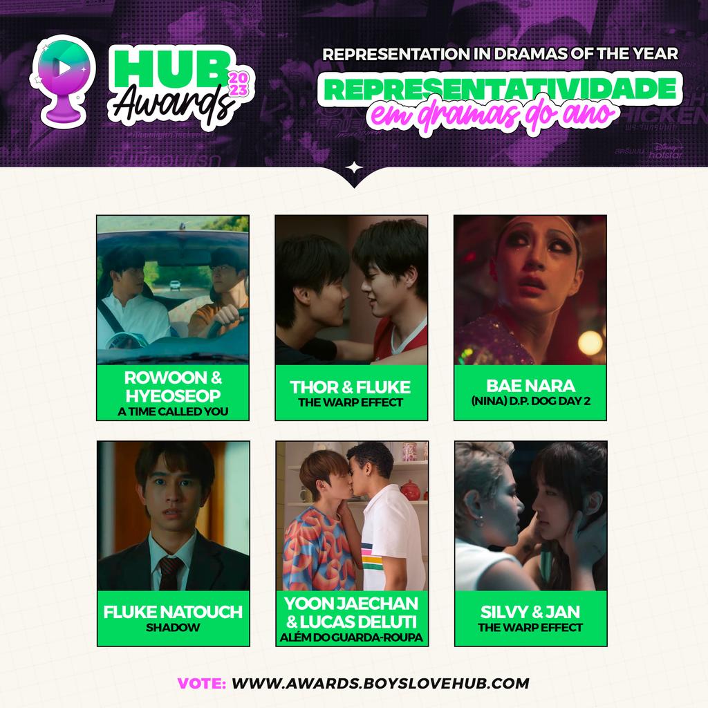 hubboyslove's tweet photo. ⟨#HUBAwards2023⟩ REPRESENTATIVIDADE LGBTQ+ EM DRAMAS NÃO-BL DO ANO | REPRESENTATION LGBTQ+ IN NON-BL DRAMAS OF THE YEAR

INDICADOS | NOMINEES:
• Rowoon e Hyeoseop (#ATimeCalledYou)
• Thor e Fluke (#TheWarpEffectSeries)
• Bae Nara (#DPs2)
• Fluke Natouch (#Shadowเงาล่าตาย)
• Yoon Jaechan e Lucas Deluti (#AlémdoGuardaRoupa)
• Silvy e Jan (#TheWarpEffect)

VOTE: https://t.co/dJse6HHIUG