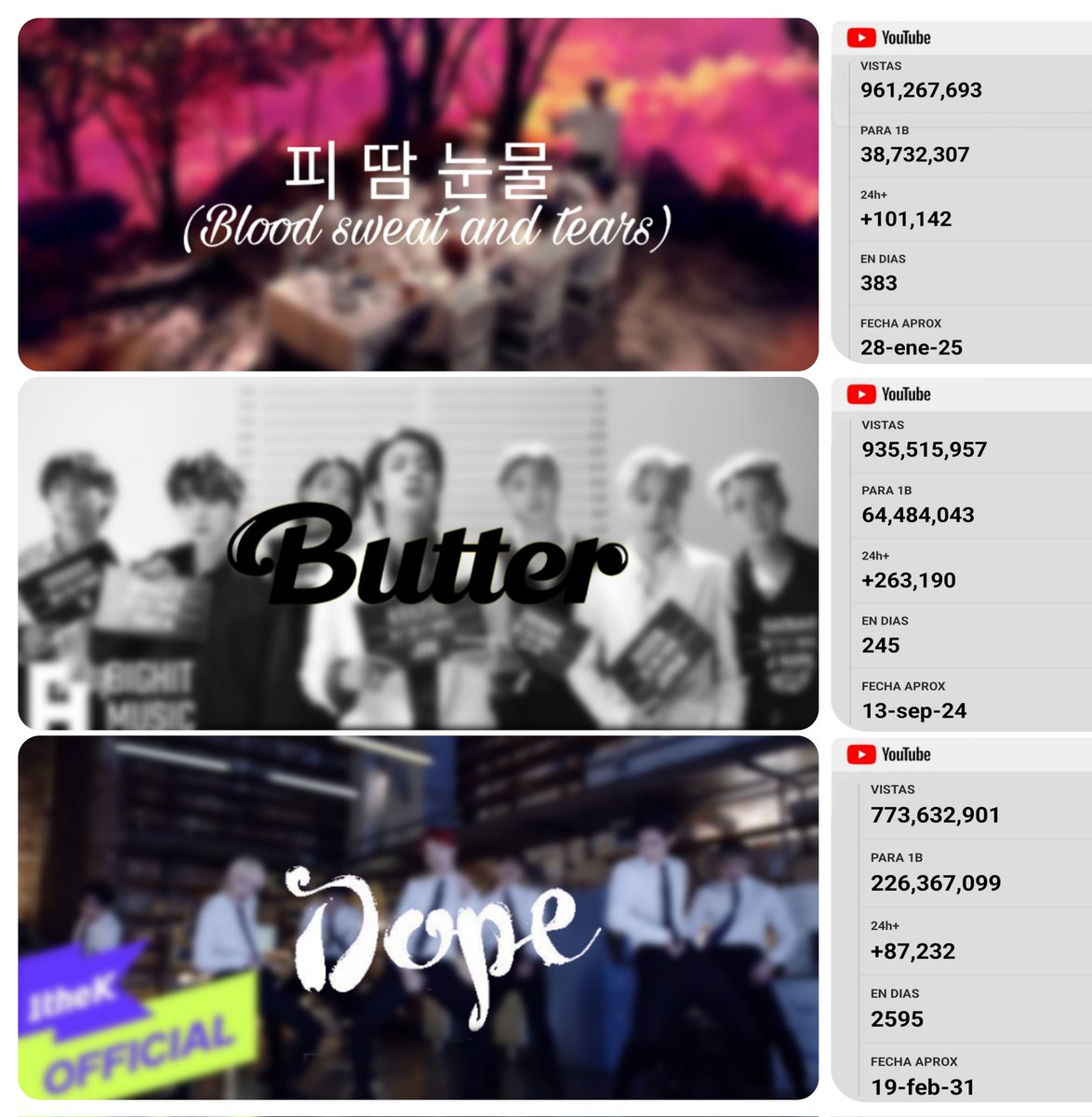 VanteAni_'s tweet photo. 📍Moradas! 

Aquí estan los MV' más cercanos a 1B de vistas en YT  más la fecha aproximada en la que llegarían a la cifra, BTS puede desempatar y convertirse en el grupo con más MV's que superan la cifra pero necesitamos aumentar el stream en YT! https://t.co/m03YKmjvjN