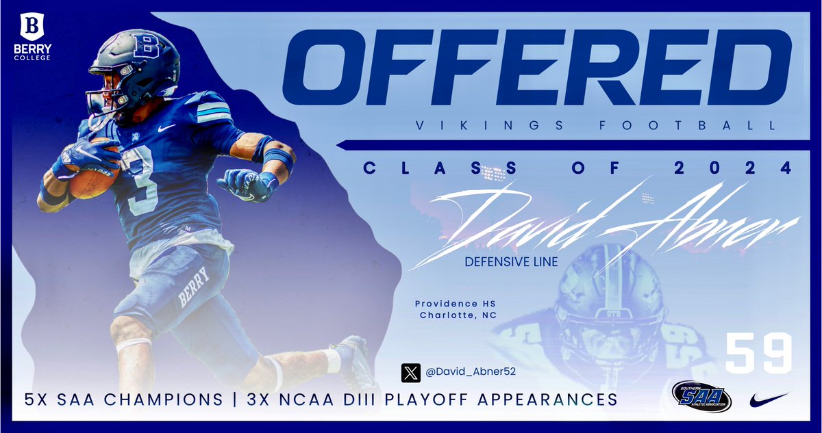 After a great visit i’m blessed to have received an offer from <a href="/BerryFootball/">Berry Football</a> <a href="/CoachOsbey/">Perry Osbey (Coach P)</a> <a href="/FB_CoachElliott/">Joel Elliott</a> <a href="/Prov_Football/">🅿️rovidence Football</a>