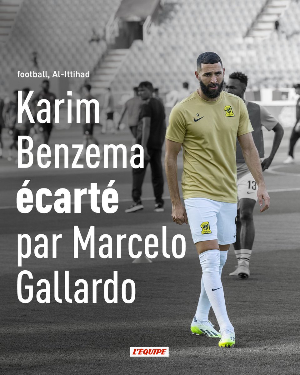 lequipe's tweet photo. Karim Benzema écarté par Marcelo Gallardo

Absent de la reprise de l'entraînement de son club, Al-Ittihad, Karim Benzema a été écarté du groupe par l'entraîneur Marcelo Gallardo https://t.co/flsvjsOIBH https://t.co/1wwx1zUnGa
